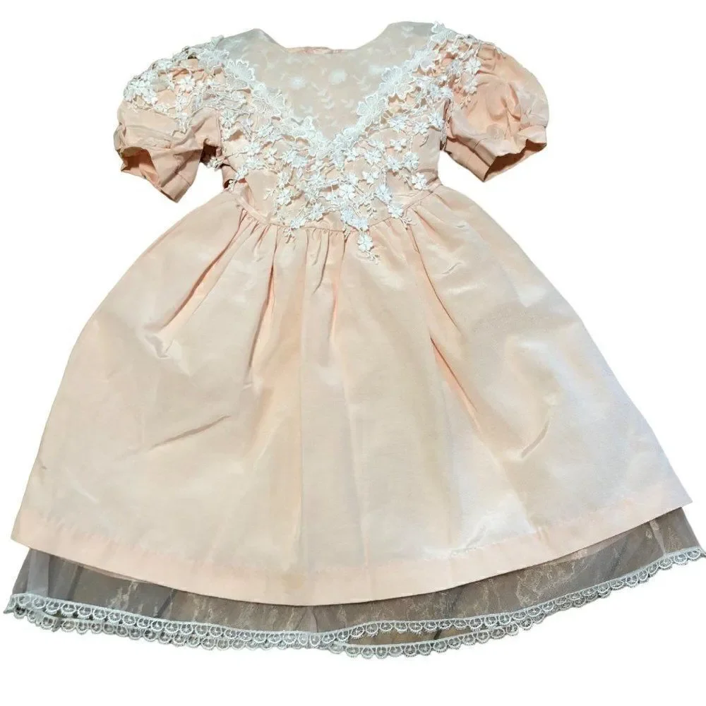 Vintage Pretty N Pink Victorian Style Portrait Dress Light Peach Girls Size 7